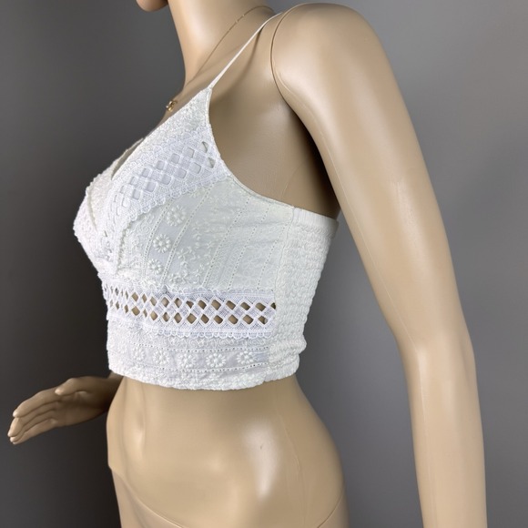 Rebellion Women's Size S White Lace Crop Cami Top Smocked V-neck Sleeveless - Picture 9 of 16